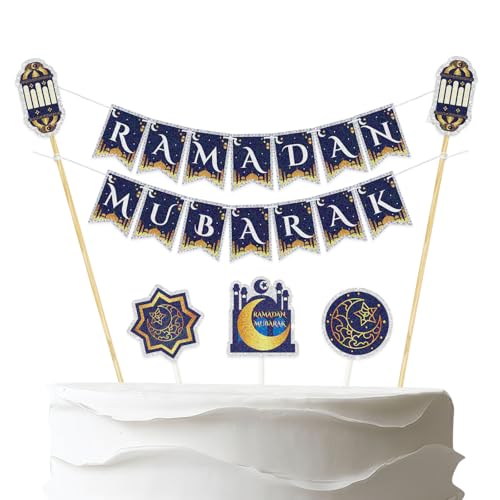 6pcs Ramadan Mubarak Cake Topper Banner,Pre-Strung Handmade Happy Eid Umrah Mubarak Cake Decor & Cupcake Toppers,HandmadeRamadan Kareem Muslim Islam Celebration Party Decorations - color: Ramadan Mubarak