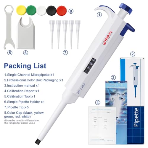 FOUR E'S SCIENTIFIC 20-200μL Pipette, Adjustable Volume Micropipette | Single-Channel Pipettor, Ergonomic Design, Precise Volume Dial - size: 06 (20-200uL)