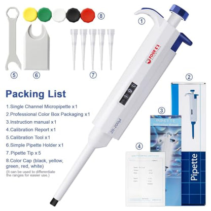 FOUR E'S SCIENTIFIC 20-200μL Pipette, Adjustable Volume Micropipette | Single-Channel Pipettor, Ergonomic Design, Precise Volume Dial - size: 06 (20-200uL)