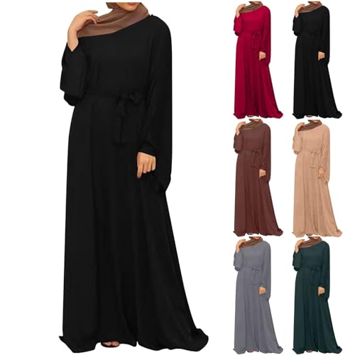 Crewneck Muslim Dresses for Women Long Prayer Dress with Belt 2026 Flowy Long Sleeve Maxi Dress Wedding Party - color: Black, size: Medium