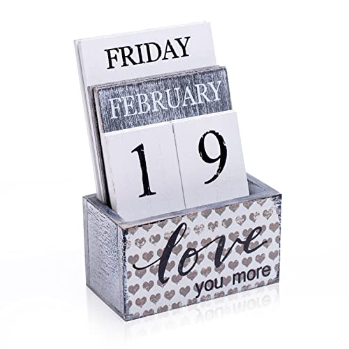Notakia Perpetual Calendar Wooden Calendar Blocks Vintage Wood Block Calendar for Home Office Desk Accessories Week Month Date Display (Love you more) - color: Love you more