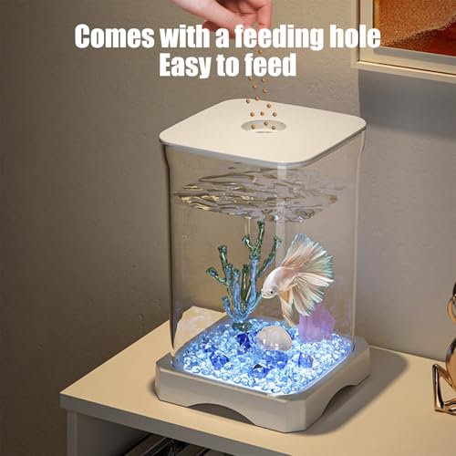 Aquarium Starter Kit Small Glass Betta Fish Tank Desktop Mini Fish Bowl for Shrimp Goldfish with Filter Pump LED (White)