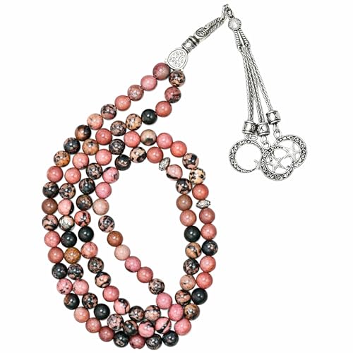 Amazing Gemstone Rhodonite Tasbeeh with Moon and Star Charm - Certified Crystal Muslim Prayer Beads Natural Gemstone Tasbih Gift for Ramadan Dhikr and Daily Namaz (S) - color: Rhodonite