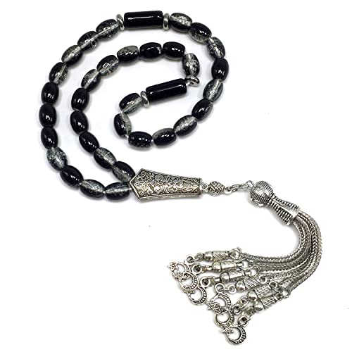 Transparent Crackle Black Glass Worry Beads, Prayer Beads, Tesbih, Tasbih, Tasbeeh, Rosary, Misbaha, Masbaha, Subha, Sebha (8x6mm-33 Beads) - color: Transparent Crackle Black Glass -8x6mm-33 Beads