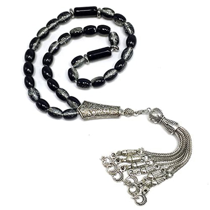 Transparent Crackle Black Glass Worry Beads, Prayer Beads, Tesbih, Tasbih, Tasbeeh, Rosary, Misbaha, Masbaha, Subha, Sebha (8x6mm-33 Beads) - color: Transparent Crackle Black Glass -8x6mm-33 Beads