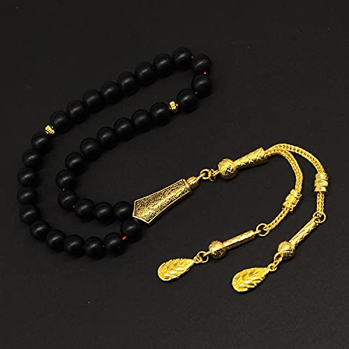 Black Agate Stone Prayer Beads and Bracelet - Worry Beads - Tesbih - Tasbih - Tasbeeh - Misbaha - Masbaha - Subha - Sebha - Rosary (Black Agate Stone/Gold Tassel) - color: Black Agate Stone Prayer Beads and Bracelet