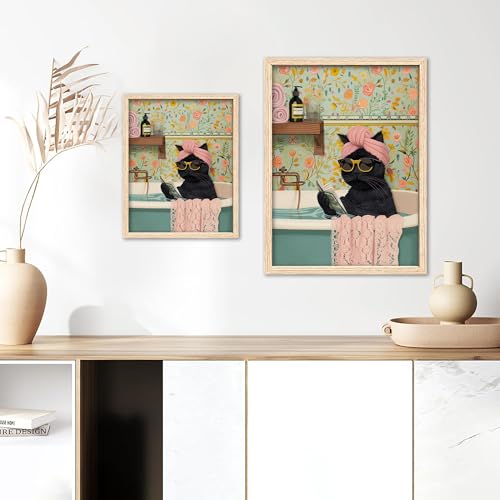 ICHZUMW Framed Funny Black Cat in Bathtub Canvas Bathroom Wall Art 12x16 In - color: Spa Kitty, size: 16"L x 12"W
