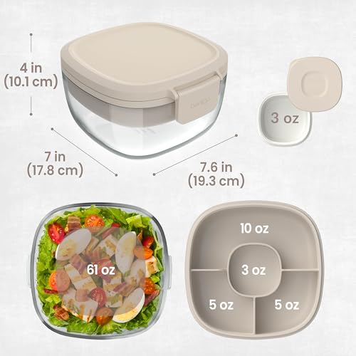 Bentgo Glass Salad Container - 7.6-Cup Salad Bowl with Airtight Lid, Leak-Proof Sauce Container, 4-Compartment Bento Tray & Reusable Fork - BPA-Free for Meal Prep, Office & More (White Stone Tan) - color: White Stone Tan