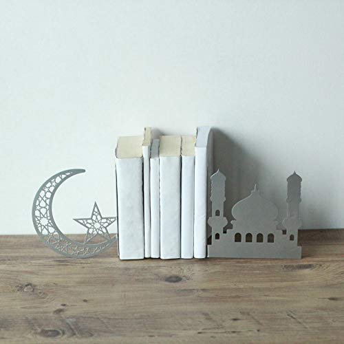 IWA Concept | Crescent and Masjid Islamic Metal Bookend | Home Decor or Islamic Decor for Table or Shelves | Home Decorations for Ramadan Gifts | Islamic Gift | (Silver) - color: Silver