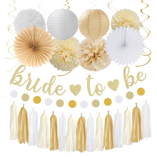 Champagne Gold White Bridal-Shower Party-Decorations - 31pcs Bride to Be Banner,Boho Neutral Bachelorette Paper Lanterns,Wedding Streamers Garland,Tissue Pom Poms Flower Fan Decor Supplies Burgleda - color: Champagne Gold White Bridal Shower