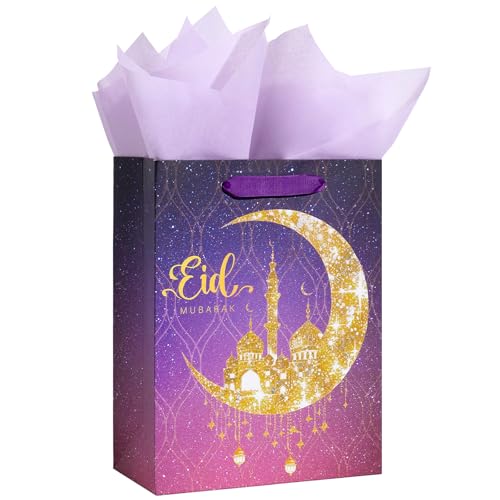 Loveinside Ramadan Gift Bag, Purple Gradient and Gold Crescent Moon Mosque Design, Eid Medium Size Gift Bag with Tissue Paper for Muslim Festival, Holiday, Wedding, 10" x 5" x 13", 1 Pcs - color: Ramadan