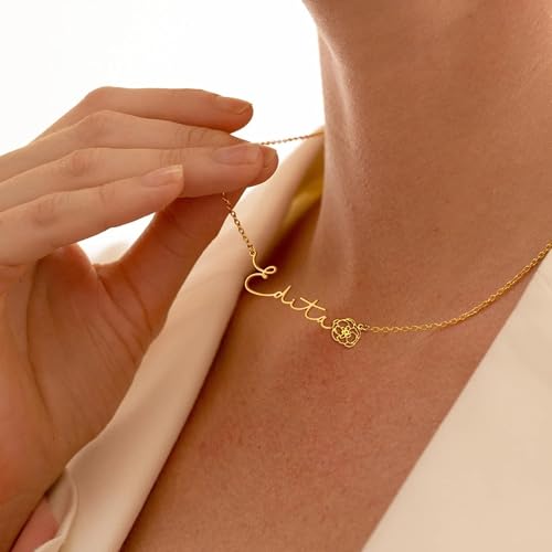 Elemtansy Custom Name Necklace with Birth Flower, Personalized Jewelry Necklaces for Women, 18K Gold Name Plate Necklaces Personalized Mothers Day Birthday Gifts for Women Sister Best Friend - color: 4-Name with Birth flower