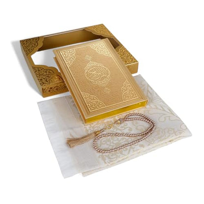 FURKAN Thermo Leather Quran with Gold Prayer Rug and Prayer Beads, Zuhre Gift Box - Gold - color: Gold