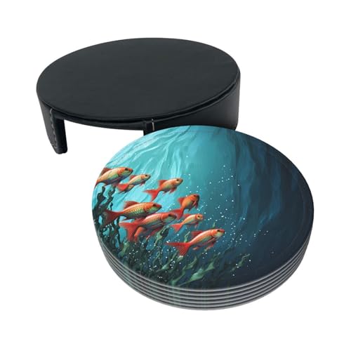 Coasters for Drinks Set of 6 Leather Drinks Coasters with Holder Round Cup Mat Pad Fish Aquarium Decorative Coffee Cup Beverage Coasters for Tabletop Protection Home Decor