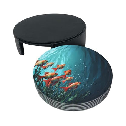 Coasters for Drinks Set of 6 Leather Drinks Coasters with Holder Round Cup Mat Pad Fish Aquarium Decorative Coffee Cup Beverage Coasters for Tabletop Protection Home Decor