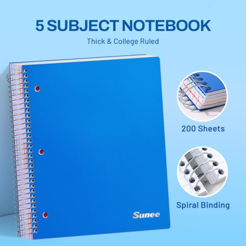 SUNEE 5 Subject Notebook College Ruled - 400 Pages, 9"x11", 5 Pocket Colored Dividers, 3-Hole Punched Paper, Blue - color: Blue, style: College Ruled