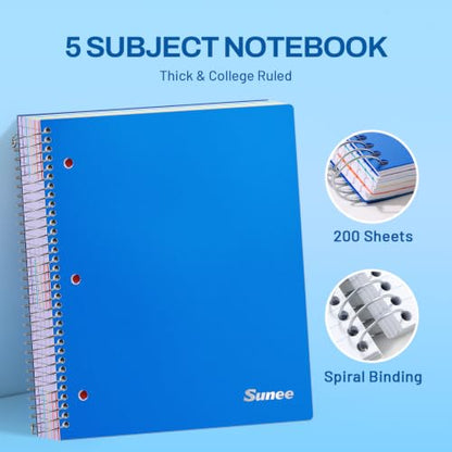 SUNEE 5 Subject Notebook College Ruled - 400 Pages, 9"x11", 5 Pocket Colored Dividers, 3-Hole Punched Paper, Blue - color: Blue, style: College Ruled