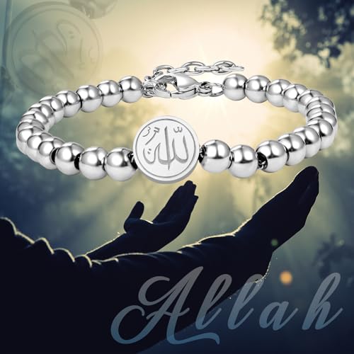 Aroncent Allah Stainless Steel Bracelet: Black Beaded Chain Islamic Jewelry - Ramadan Eid Gift for Men and Women - color: silver