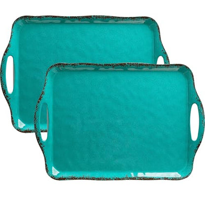 LEHAHA Large Farmhouse Melamine Serving Platters, Serving Tray with Handle for Food, Appetizer, Cupcakes, Dessert, Raised Edge Large Party Platter or TV Dinner Trays, 17.25x12 inch, Set of 2, Teal - color: Teal