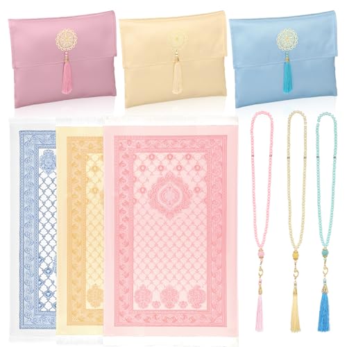 Breling 3 Pack Muslim Prayer Rug with Tasbih and Portable Bag Muslim Gift for Women Men Prayers Carpet Mat Mubarak Islamic Gifts Set for Eid al-Adha Hajj Ramadan Travel Pray