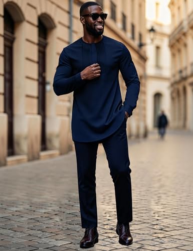 Mens African 2 Piece Set Nigerian Dashiki Traditional Suit Pleated Snap Button Shirts and Pants Outfit - color: Navy Blue, size: Large