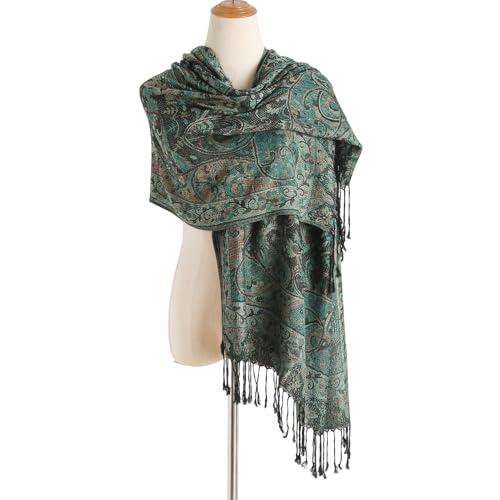 Paisley Pashmina Rave Shawl Scarf-Women's Reversible Ethnic Jacquard Pashmina Wraps for Travel - color: A#. Black Cyan