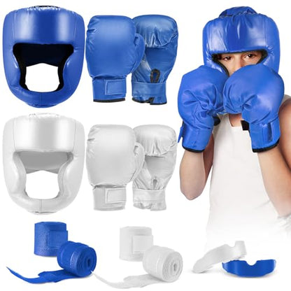 Kanayu 12 Pcs Kids Boxing Equipment Set for Beginners Ages 6-18 Years Including Boxing Helmet and Gloves Hand Wraps Sport Mouthguards Taekwondo Sparring Gear for Kids and Children - color: Blue, White