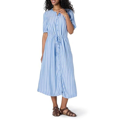 Amazon Essentials Women's Relaxed Fit Half-Sleeve Breathable Button Front Drawstring Waist Midi A-Line Dress with Pockets - color: French Blue/White Stripe, size: Medium