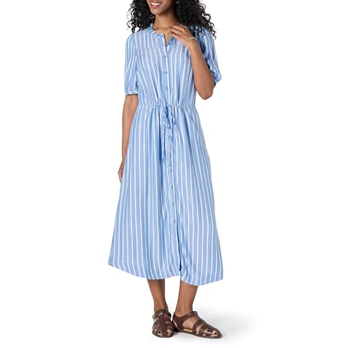 Amazon Essentials Women's Relaxed Fit Half-Sleeve Breathable Button Front Drawstring Waist Midi A-Line Dress with Pockets - color: French Blue/White Stripe, size: Small