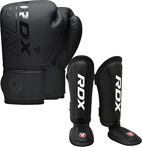 RDX Boxing Gloves 14Oz & Shin Guards Kickboxing (Large Size), Premium Maya Hide Leather Adult Heavy Punching Bag Gloves with Leg Instep Protection Pads, MMA Muay Thai, Sparring BJJ Karate Taekwondo