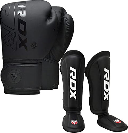 RDX Boxing Gloves 14Oz & Shin Guards Kickboxing (Large Size), Premium Maya Hide Leather Adult Heavy Punching Bag Gloves with Leg Instep Protection Pads, MMA Muay Thai, Sparring BJJ Karate Taekwondo