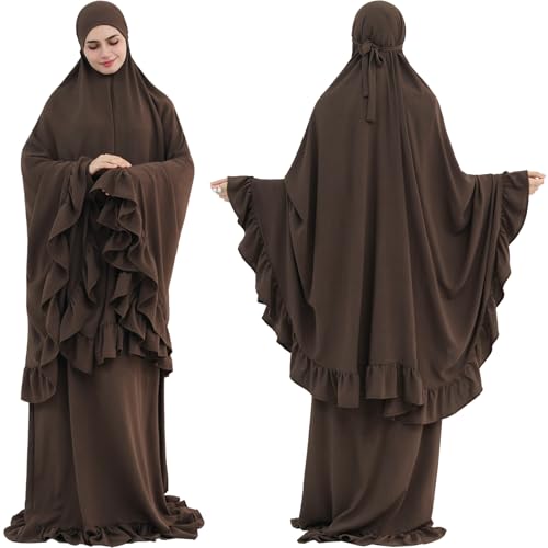 2PCS Abayas for Women Muslim Dress Ruffled Hem Modest Prayer Robe Full Coverage Modest Jilbab Set - color: Coffee, size: Medium