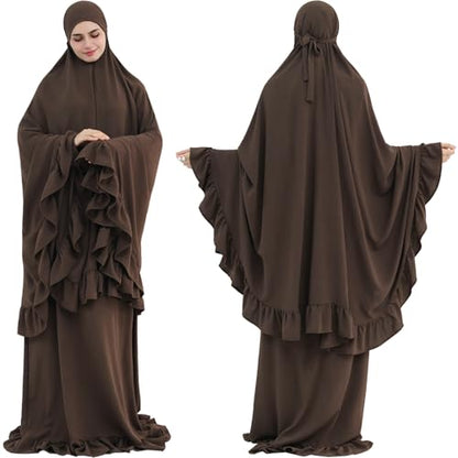 2PCS Abayas for Women Muslim Dress Ruffled Hem Modest Prayer Robe Full Coverage Modest Jilbab Set - color: Coffee, size: Large