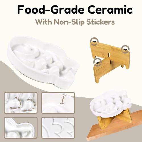 Elevated Slow Feeder Cat Bowl with Stand, 6.3''Ceramic Fish Maze Cat Food Bowl, Raised Whisker Friendly Wide Shallow Cat Dish for Wet & Dry Food, Non Slip Puzzle Feeder for Cats & Small Dogs (White) - color: White with Stand