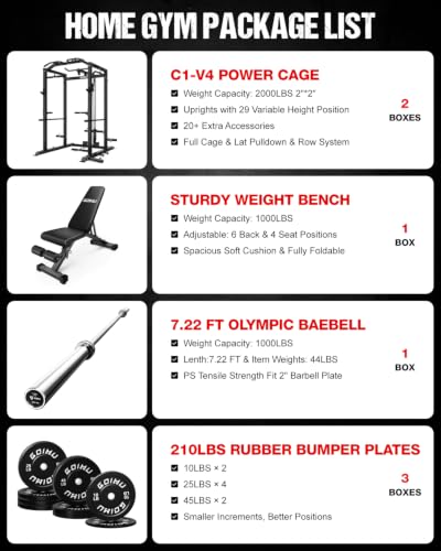 C1-V4 Power Cage, 2000LBS Squat Rack with LAT Pulldown, Multi-Function Weight Cage Strength Training Machine, Workout Cage with More Attachments for Home Gym Garage - style: 210LBS BK Home Gym Package