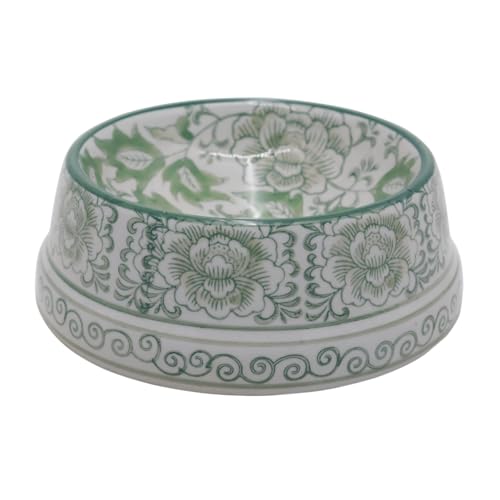 Aimusego Ceramic Cute Dog Cat Bowl for Small Breeds, Handpainted Green & White Heavyweight Durable Pet Food and Water Dish Crock, Dishwasher Safe- 1.5 Cups - color: Green Peony scrolls-S, size: Small (11OZ)