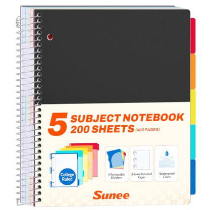 SUNEE 5 Subject Notebook College Ruled - 400 Pages, 9"x11", 5 Pocket Colored Dividers, 3-Hole Punched Paper, Black - color: Black, style: College Ruled