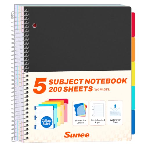 SUNEE 5 Subject Notebook College Ruled - 400 Pages, 9"x11", 5 Pocket Colored Dividers, 3-Hole Punched Paper, Black - color: Black, style: College Ruled