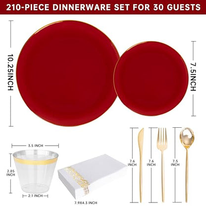 MirthMood 210pcs Red Plastic Plates,Disposable Red Gold Party Plates,Include 30 Dinner,Dessert Plate,30 Cup&30 Napkins, 90 Gold Silverware for Wedding & Party & Birthday（Plum Red） - color: Plum Red, size: 210