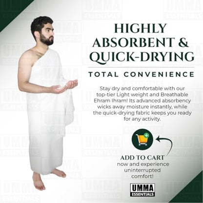 Ihram Ehram Ahram for Men, 100% Cotton, Hajj Umrah Ihram Ehram Towels, Hypoallergenic, Quick-Drying, Lightweight, Breathable, 2 Count, White, Adult Size 110 x 220cm = 43X86 inch