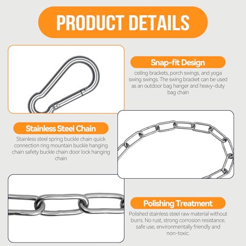 Heavy Duty Stainless Steel Chain, 20 Inch Stainless Steel Swing Chain with 2 Carabiners, Security Chain Suitable for Boxing Punching Bag, Porch Swing Hammock Chair Hanging - color: 20 Inch 2 Pcs