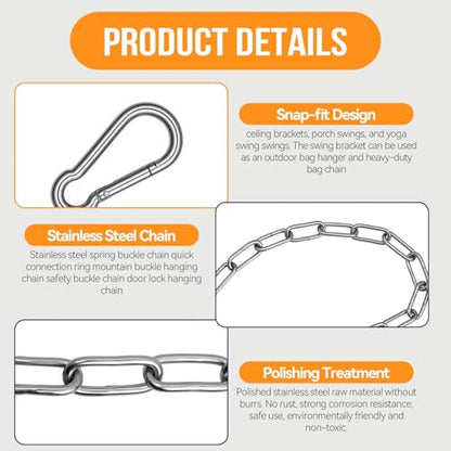 Heavy Duty Stainless Steel Chain, 20 Inch Stainless Steel Swing Chain with 2 Carabiners, Security Chain Suitable for Boxing Punching Bag, Porch Swing Hammock Chair Hanging - color: 20 Inch 2 Pcs