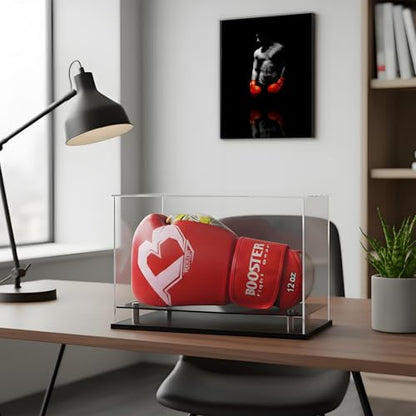 Boxing Glove Display Case,Self-Assembly Acrylic Display case for Full Size Boxing Glove,Baseball Glove Display Case Holder Showcase.Baseball Mitt Ball Football,Clear Case Black Base Riser Stand - size: 13x8.7x8.7 inch