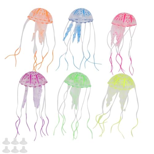 6 Pack Silicone Jellyfishes Lifelike Aquarium Decor with Transparent Suction Cups Water Flow Movement for Fish Tank Ornament