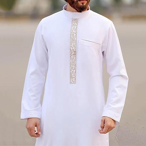 Thobe for Men Muslim Islamic Robe Kaftan Arabic Long Sleeve Jubba Dubai Style Cotton Dress with Pockets A2 - size: 3X-Large