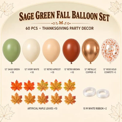 Paready Fall Balloons, 60 Pcs Sage Green Brown for Thanksgiving Party - color: Green Brown