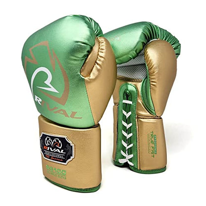 RIVAL Boxing RS100 Professional Lace-Up Sparring Gloves, Handcrafted with Super-Rich Microfiber PU, Ergonomically Designed to Perfectly Fit Your Hand - color: Green/Gold, size: 16 oz.