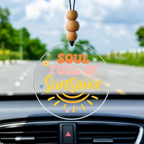 Talataca Soul Full of Sunshine 2D Flat Car Ornament & Wood Beads, Inspirational Positive Quote Beaded Rear View Mirror Accessories, Retro Rearview Hanging Charm, Christmas Tree Decor - color: 40
