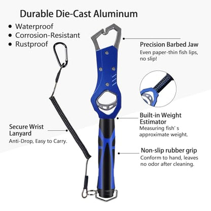 Eupheng 11.8'' Heavy-Duty Fish Gripper with Scale Rustproof Aluminum Body, Non-Slip Rubber Handle, Built-in Weight Estimator & Wrist Lanyard - color: Blue