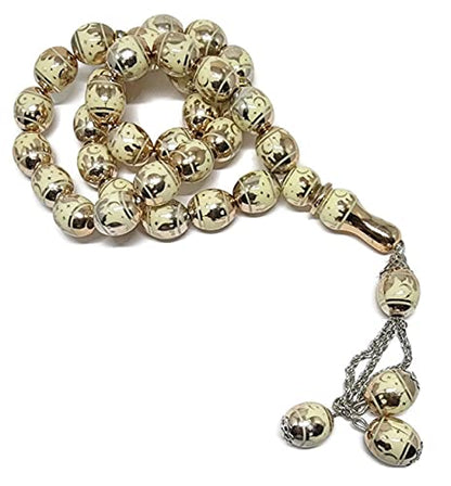 Muslim Tasbih 33 Rosary Bead AMN-276 Islam Prayer dhikr Misbaha with Masjid Image Printed on Laser Crystal Stone Beads Islamic Religion Eid Ramadan Gift (Gold_2) - color: Gold_2